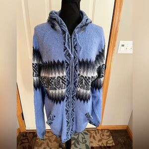 Women’s Alpaca wool blue fair isle Nordic long zipper cardigan sweater jacket.XL